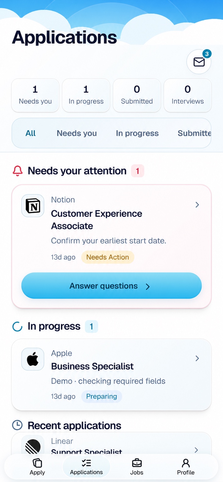 The real Hirable Applications screen, including applications that need your attention.