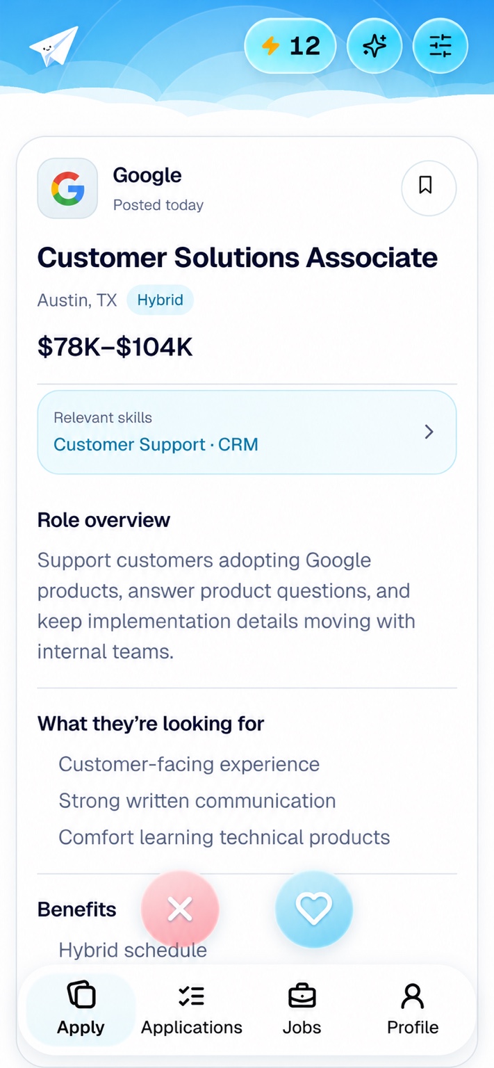The real Hirable job feed showing a sample Customer Solutions Associate listing.