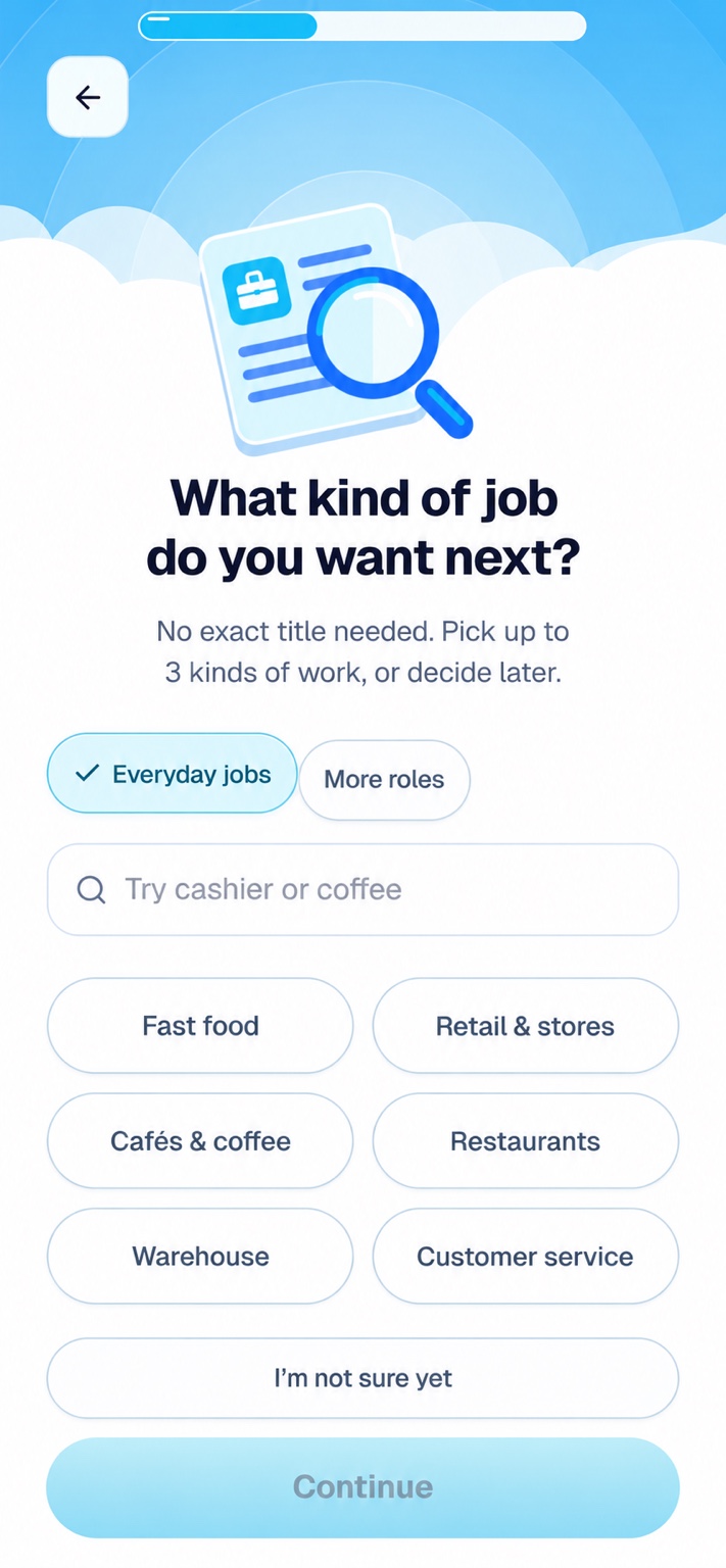 The real Hirable screen for choosing the kind of job you want next.